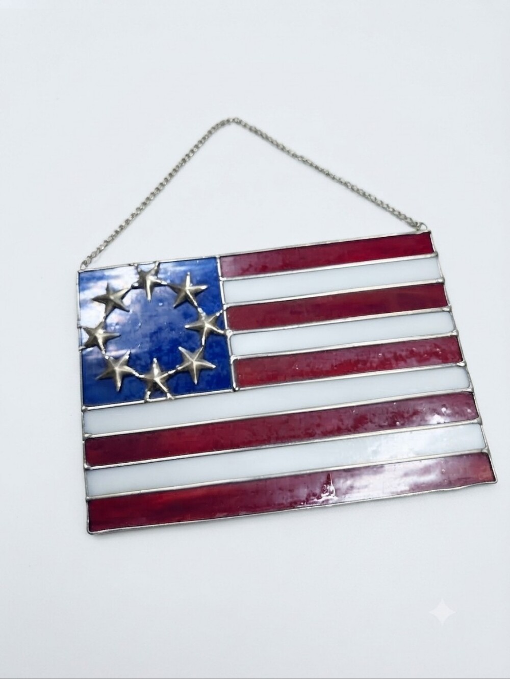 Vintage Stained Glass Betsy Ross 13 Star American Flag Suncatcher - 8" x 6"